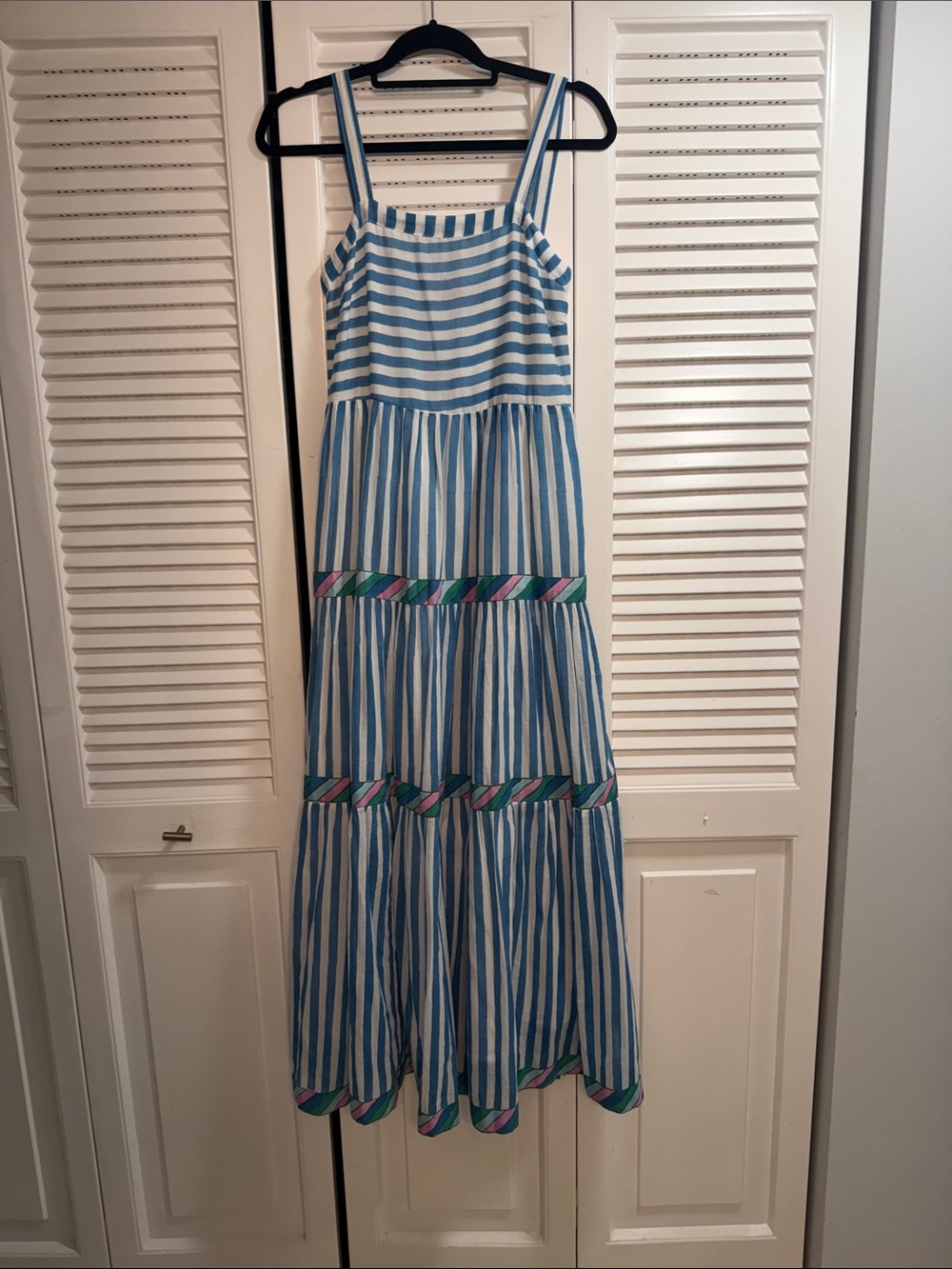 Oliphant Blue and White Striped Maxi Dress with Color-Block Trim